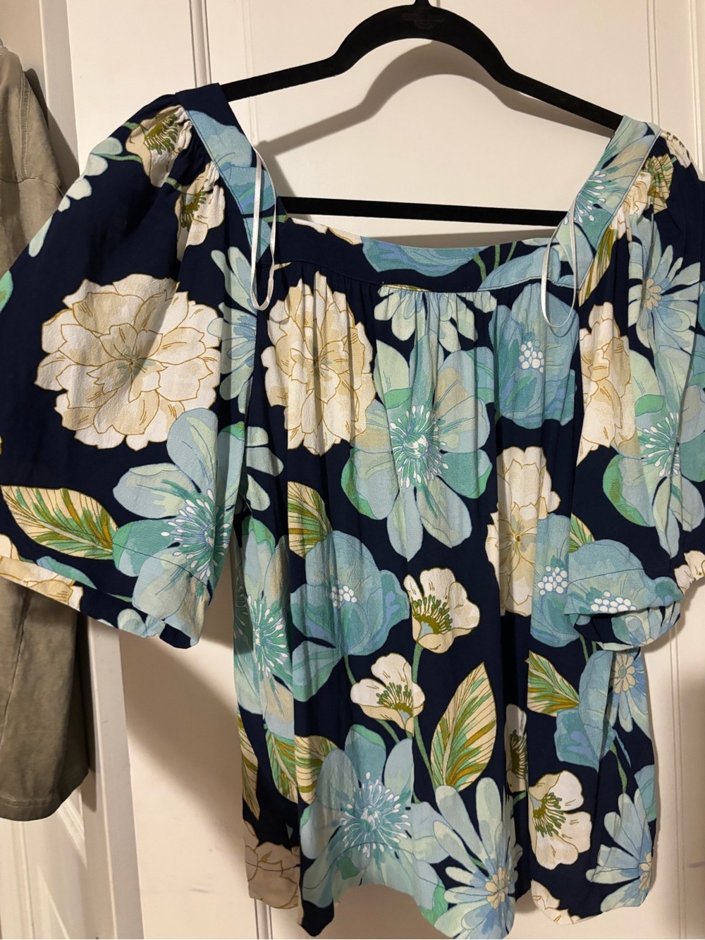 LOFT Navy Floral square neck Blouse with Aqua and Cream Flowers